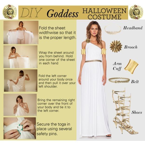 a woman in a white dress with gold accessories on her feet and the words, diy goddess costume