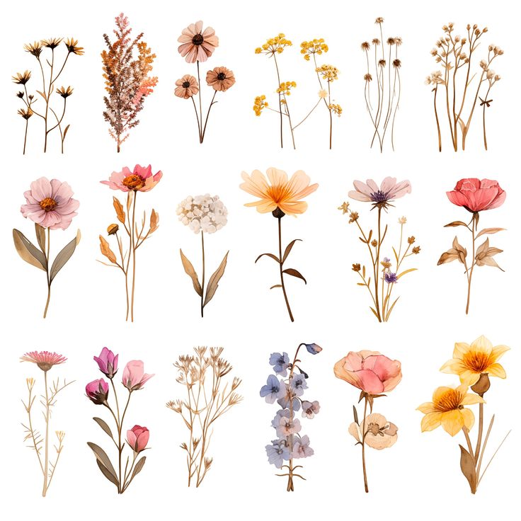 a bunch of different types of flowers on a white background