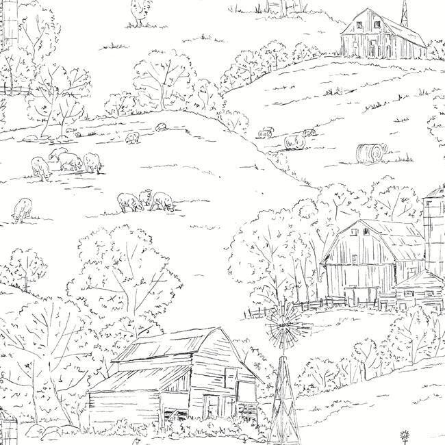 Pasture Toile Wallpaper in Black and White from the Simply Farmhouse Collection by York Wallcoverings Wallpaper Boulevard, Farmhouse Wallpaper, Wallpaper Warehouse, Toile Wallpaper, York Wallpaper, Drops Patterns, Hay Bales, W Wallpaper, York Wallcoverings