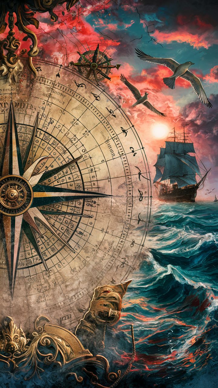 a painting of a compass with birds flying around it