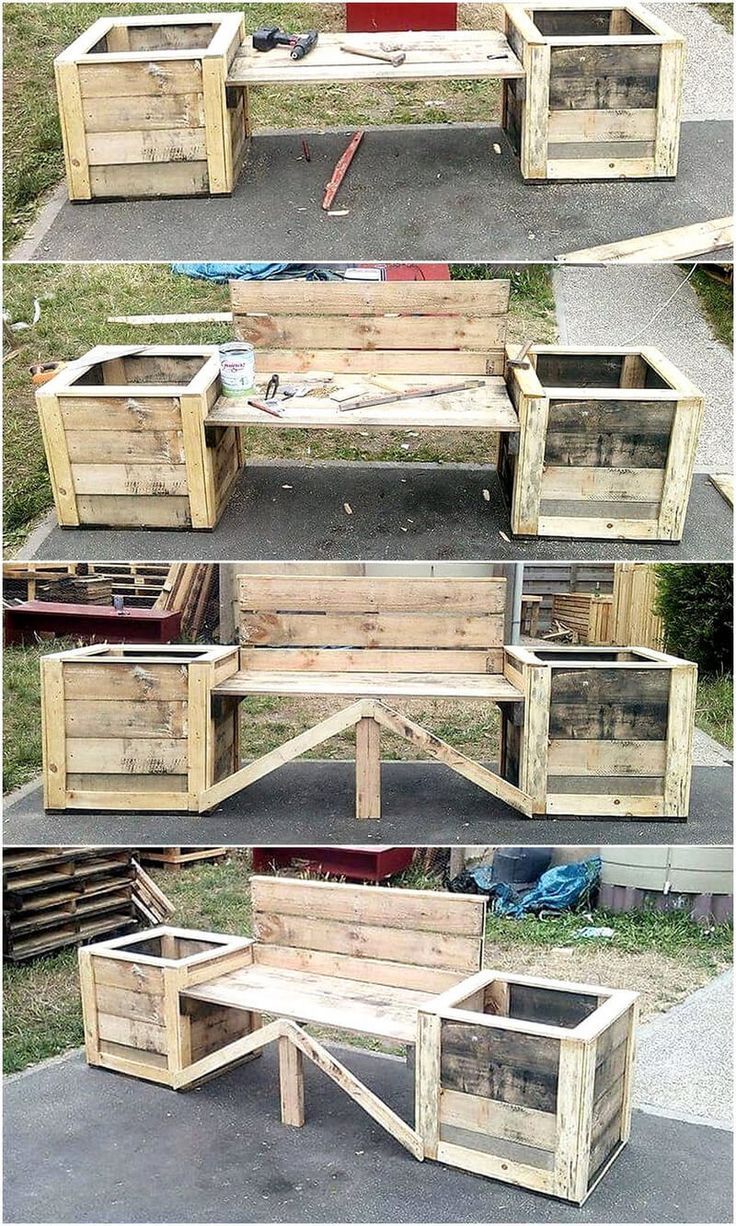 several different pictures of wooden boxes with plants growing out of them and in the middle