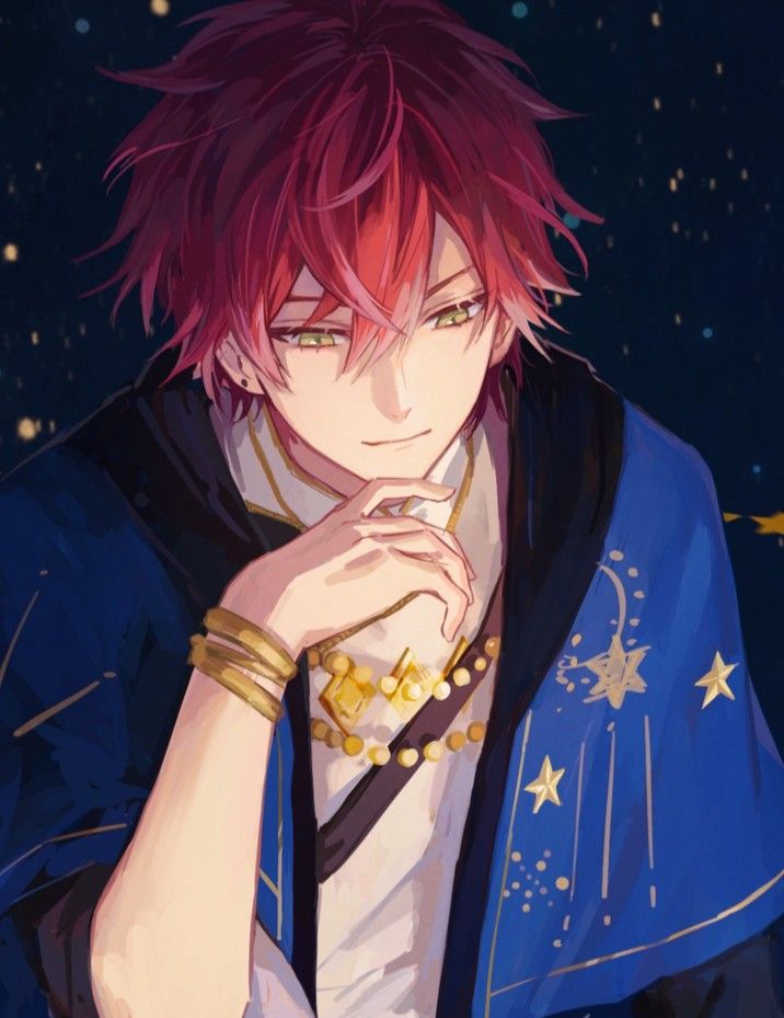 a man with red hair wearing a blue jacket and gold bracelets, standing in front of stars