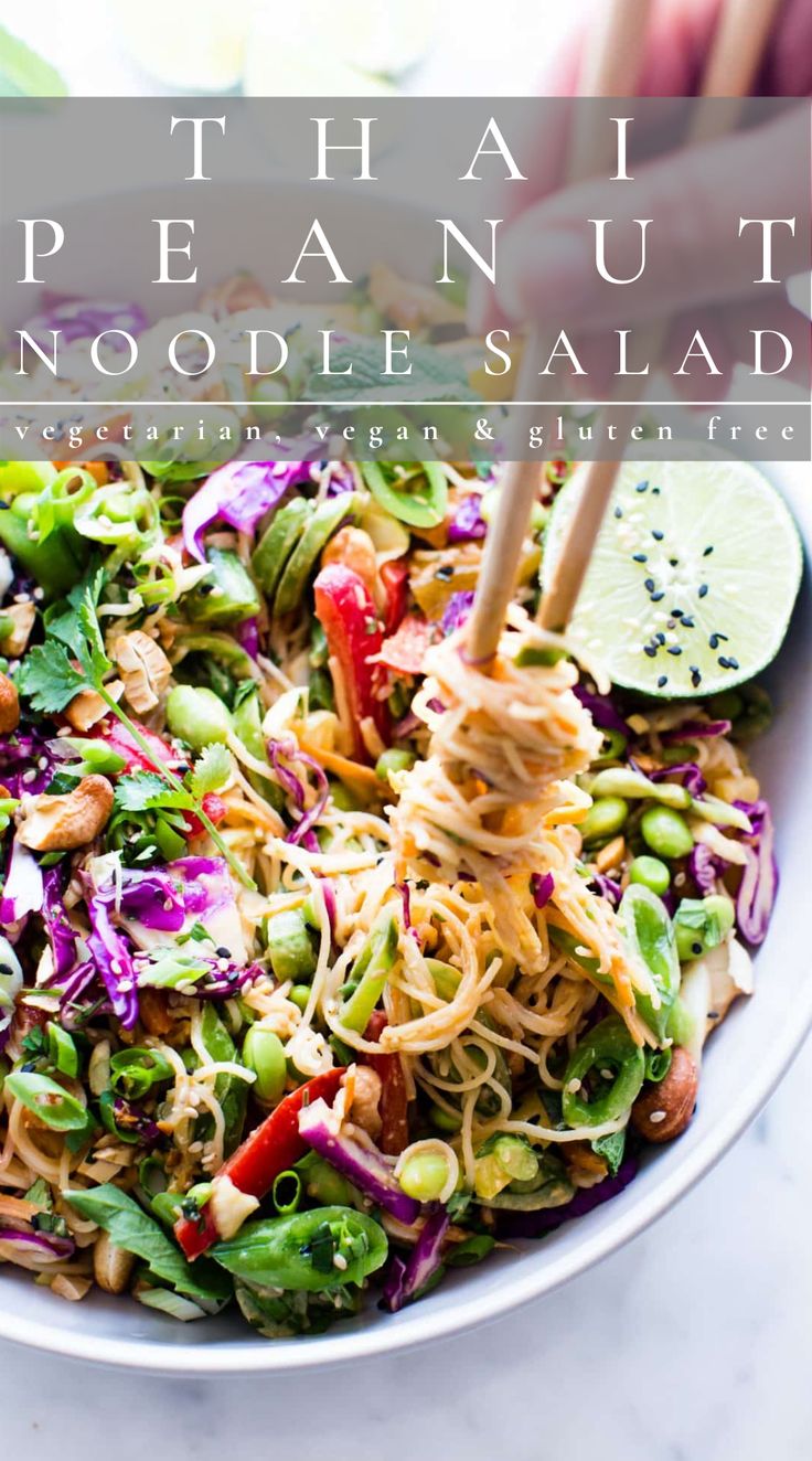 Thai Peanut Noodle Salad in a bowl wit chopsticks. Swordfish Salad Recipe, Thai Peanut Noodle Salad, Edamame Rice, Peanut Noodle Salad, Thai Peanut Salad, Thai Peanut Noodles, Thai Noodle Salad, Asian Noodle Salad, Crunchy Veggies