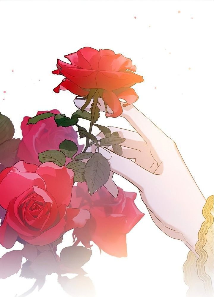 a woman's hand reaching for a red rose that is on her left side