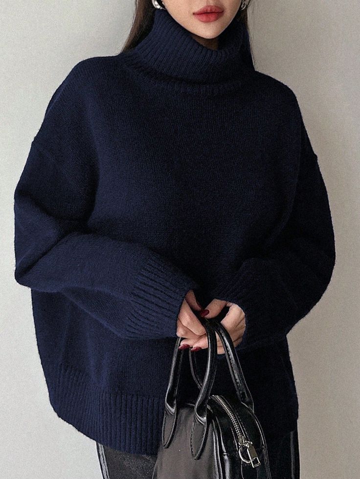 Turtleneck Drop Shoulder Sweater Navy Blue Casual  Long Sleeve Fabric Plain Pullovers Medium Stretch  Women Clothing, size features are:Bust: ,Length: ,Sleeve Length: Deep Autumn Outfits, Black Clothing Aesthetic, Barefoot Sandals Crochet Pattern, Blue Sweater Outfit, Autumn Outfits Ideas, Grey Sweater Outfit, Dark Blue Sweater, Cloth Ideas, Loose Pullover Sweater