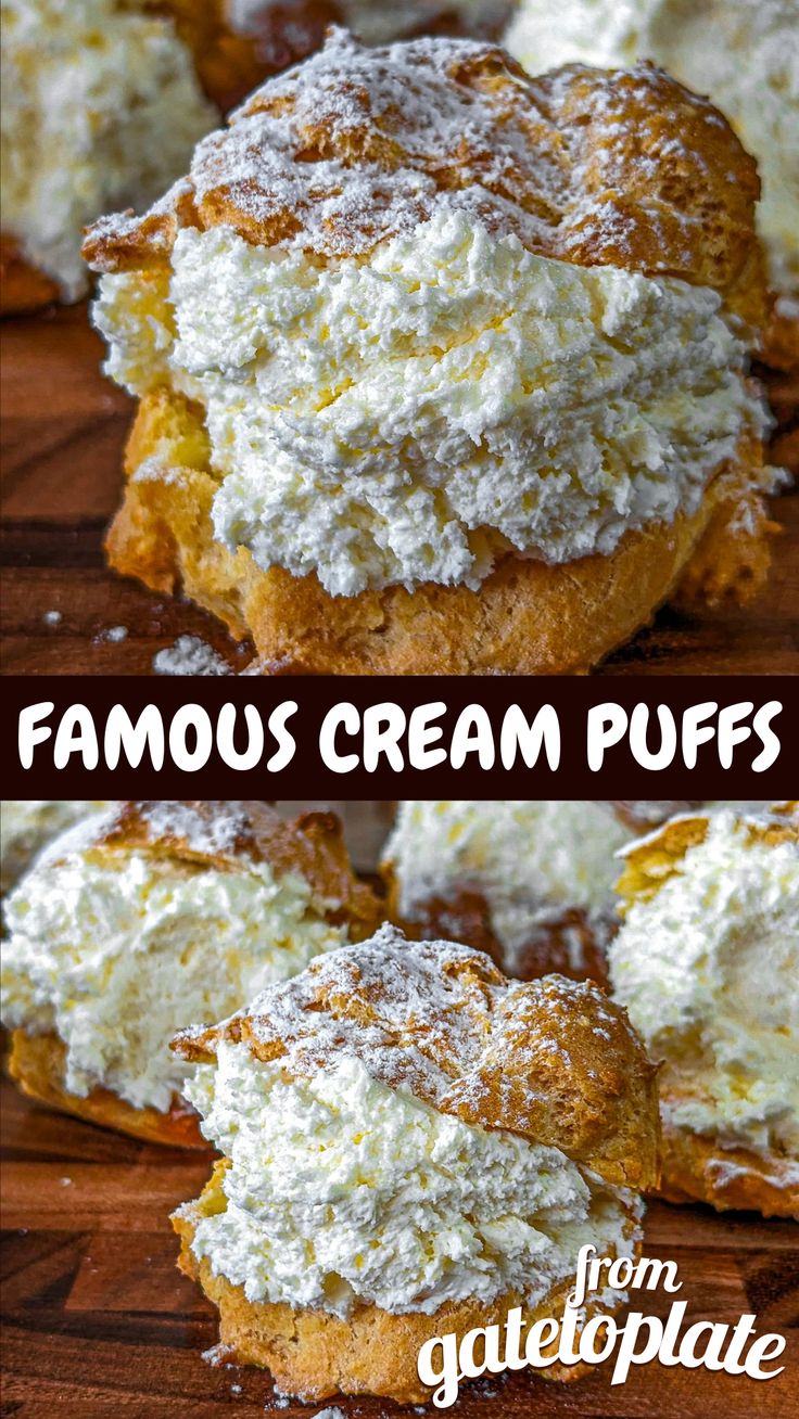 two pictures of cream puffs with the words famous cream puffs on top and bottom