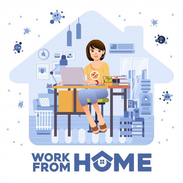 a woman sitting at a desk with a laptop in front of her and the words work from home