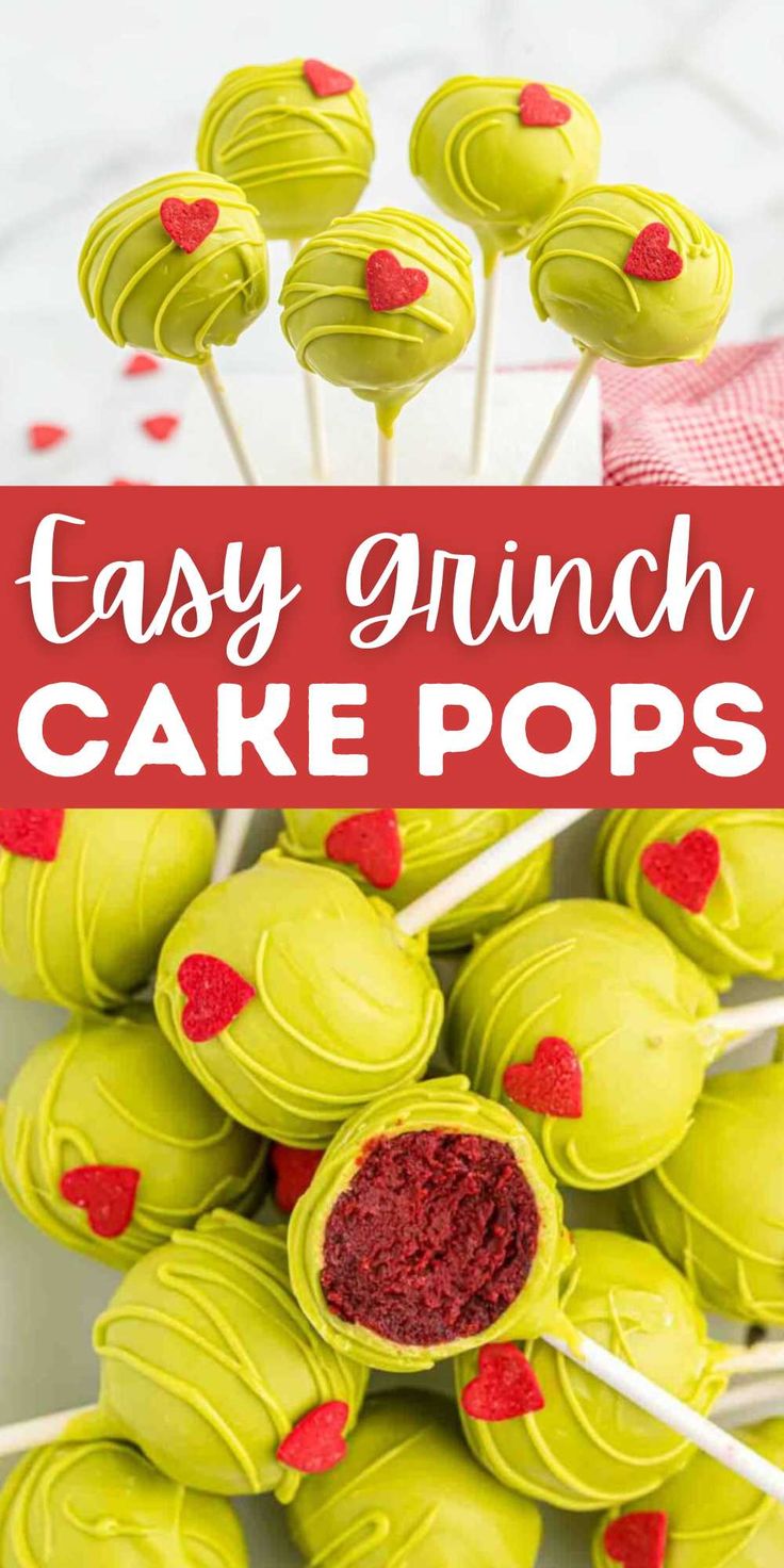 green cake pops with red hearts on them and the title overlay reads easy gluch cake pops