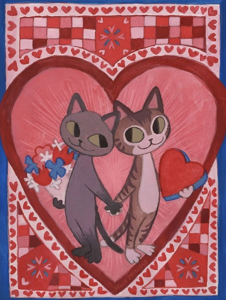 two cats holding hands in front of a heart