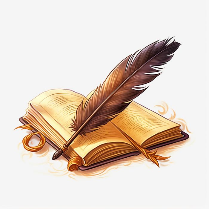 an open book with a feather resting on it