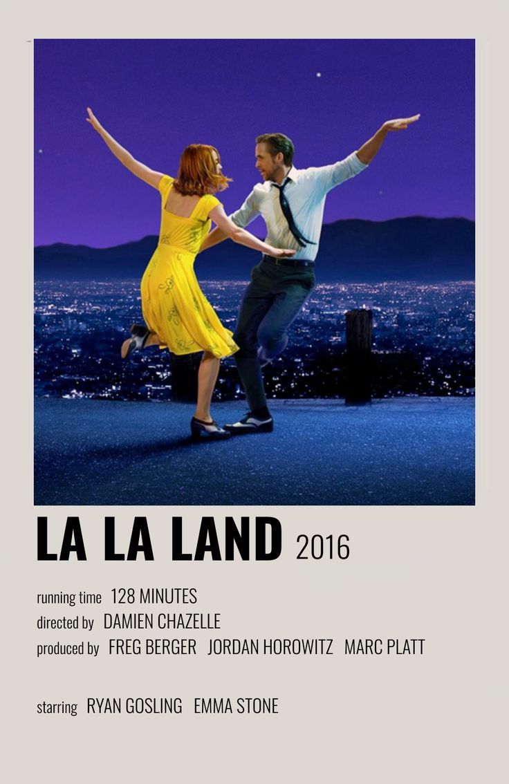 the poster for la la land is shown with a man and woman dancing in front of a cityscape