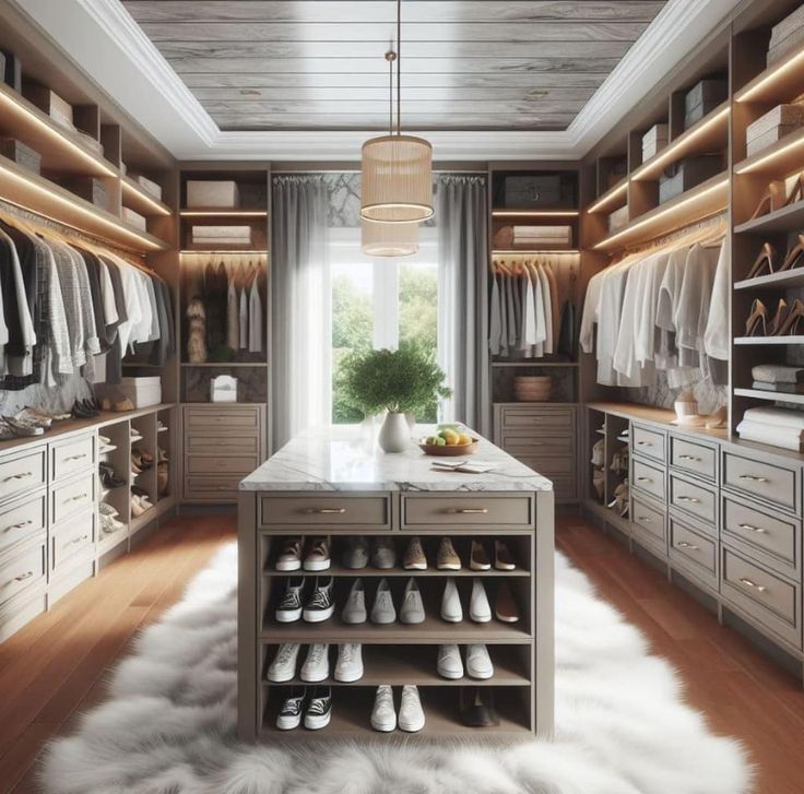 a large walk in closet with lots of shoes