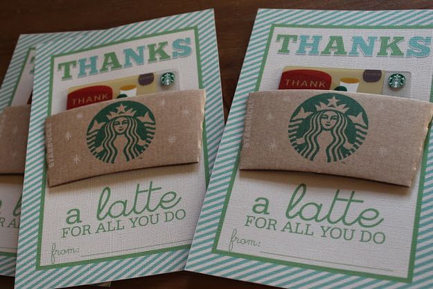 three starbucks gift cards with the words thanks and a little latte for all you do