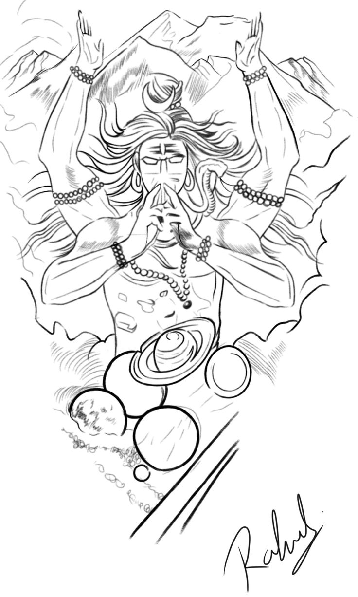 an ink drawing of lord ganesha with his hands in the air and eyes closed