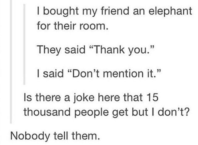 two texts that say, i bought my friend an elephant for their room they said'thank you '