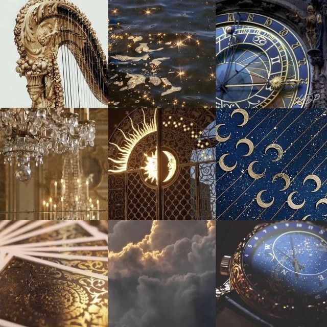 a collage of photos with clocks, clouds and stars in the sky above them