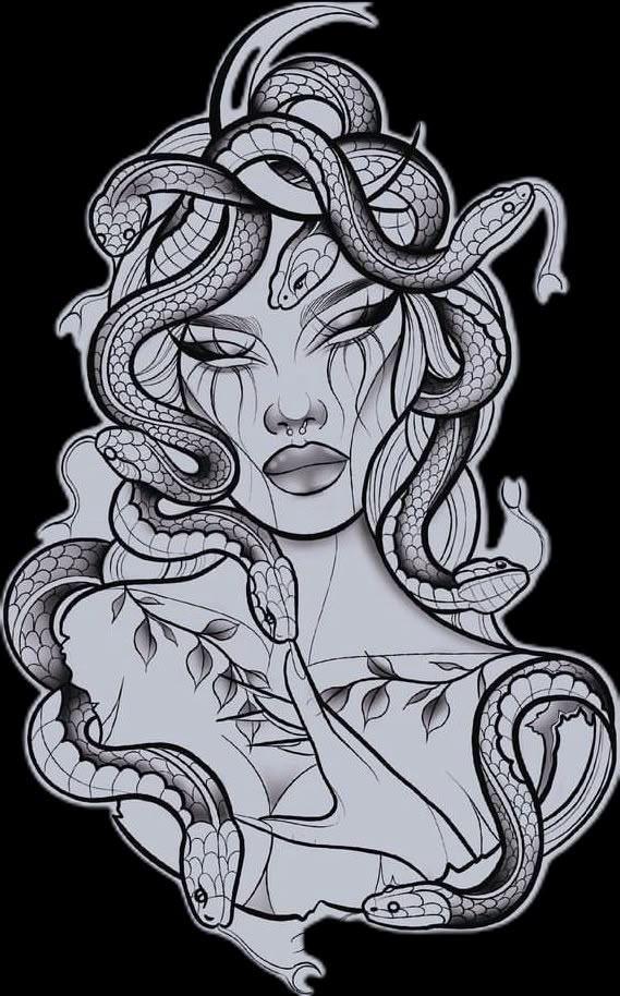 a drawing of a woman with snakes on her head and hands in her hair, holding a snake