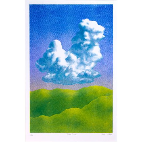 a painting of clouds in the sky above green hills