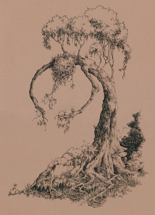 an ink drawing of a tree with roots growing out of it