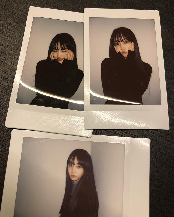 three polaroid photos of a woman with long black hair and bangs, one is holding her hand on her face