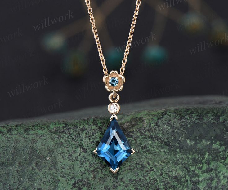 Handmade fine jewelry! The main stone is a  Kite cut 7x10mm London blue topaz. The side stones are London blue topaz and diamond or moissanite. Chain: 16 Inches. The chain has the virtue of being adjustable to 18 Inches. The material is solid 14k gold(white,yellow,rose gold available) This jewelry can also be made in solid 10k,14k,18k gold,with real diamonds.Contact me! Need rush order? contact me! Need custom making order? Contact me! I have confidence on my jewelry.30 days money back guarantee!(For returned item,as this is handmade jewelry.Handcrafted fee and shipping fee will be deducted,others will be refunded soon) Thanks for your visiting! Elegant Jewelry With Bezel Setting For Mother's Day, London Blue Topaz Necklace, Blue Topaz Necklace, Mother Jewelry, Handmade Fine Jewelry, Magical Jewelry, Topaz Necklace, Floral Pendant, Bridal Gift