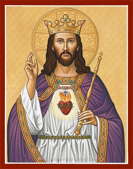 the icon of jesus holding a heart and two wands in his right hand, wearing a crown