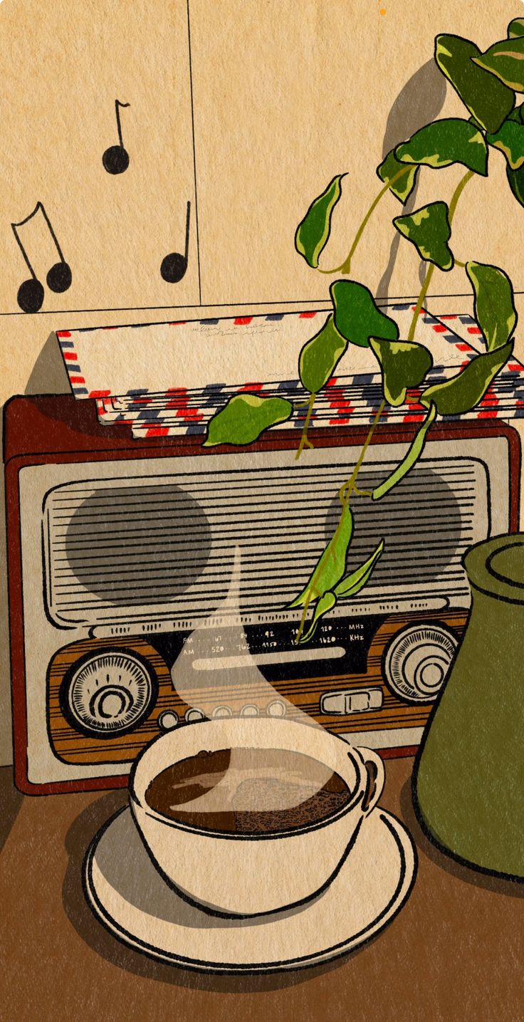 a cup of coffee sitting on top of a saucer next to a radio and potted plant