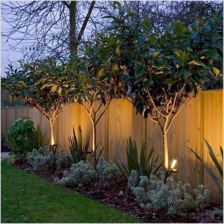 some lights are lit up on the side of a fence in front of trees and bushes