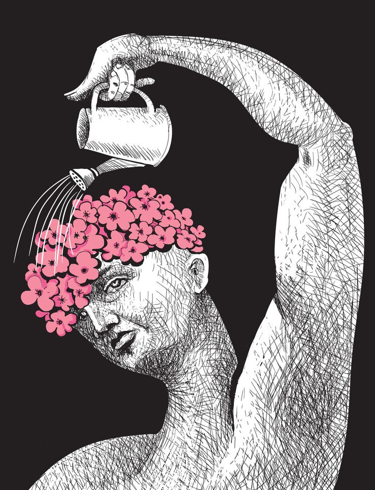 a drawing of a man with pink flowers on his head holding a spray bottle over his head