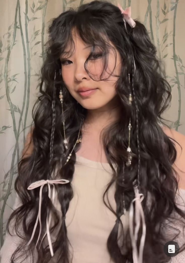 Hair Styles Prom Aesthetic, Hair Styles Cottagecore, Concert Hair With Bangs, Txt Concert Hairstyles, Fairy Like Hairstyle, K-12 Hairstyles, Hairstyles For Long Puffy Hair, Fairy Prom Hair, Creative Dyed Hair