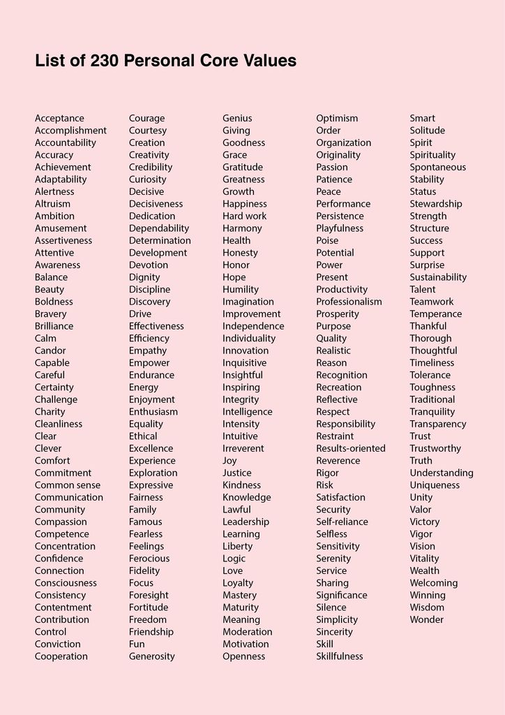 the list of personal core value words on a pink background with black and white lettering