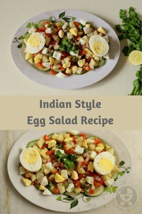 an egg salad is shown in two separate plates with the same toppings on each plate