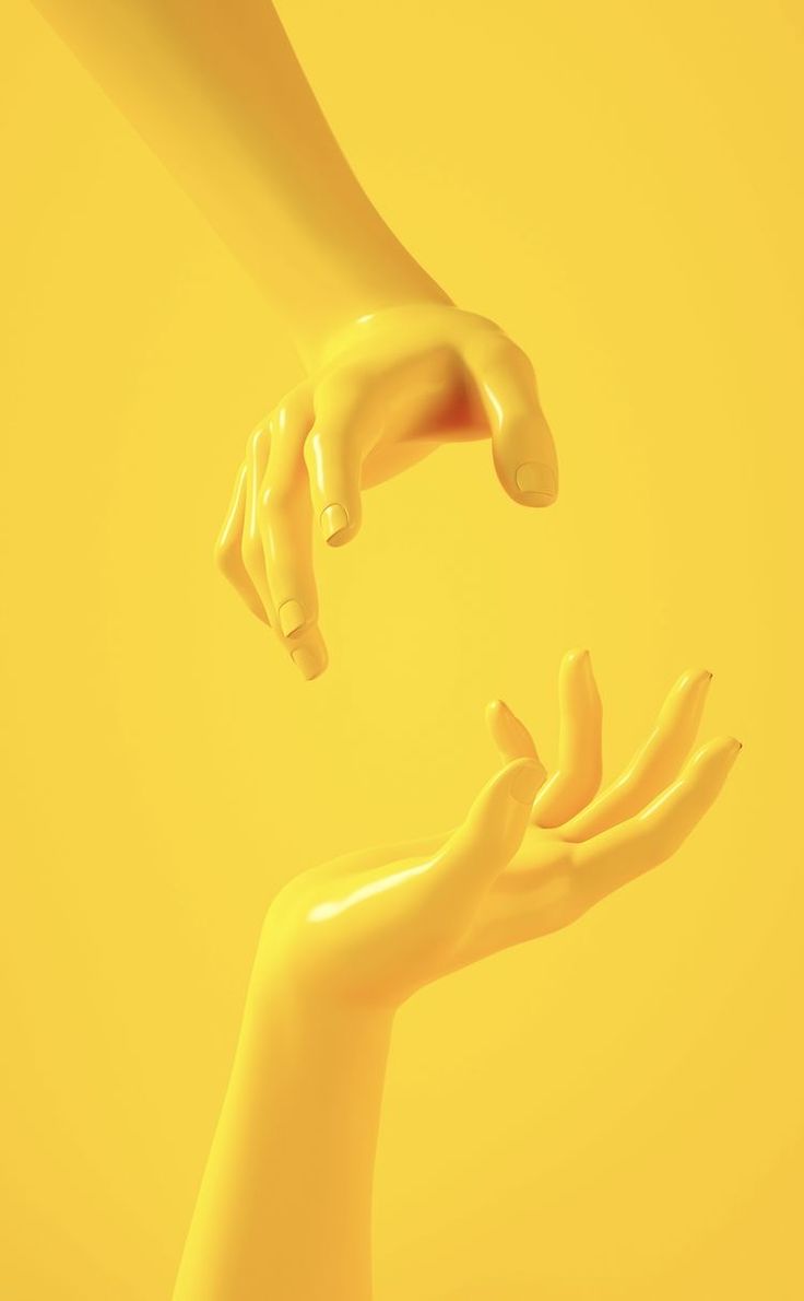 two hands reaching towards each other with yellow background