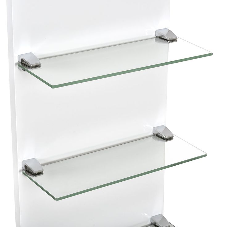 three glass shelves are stacked on top of each other, with one shelf holding two electronic devices