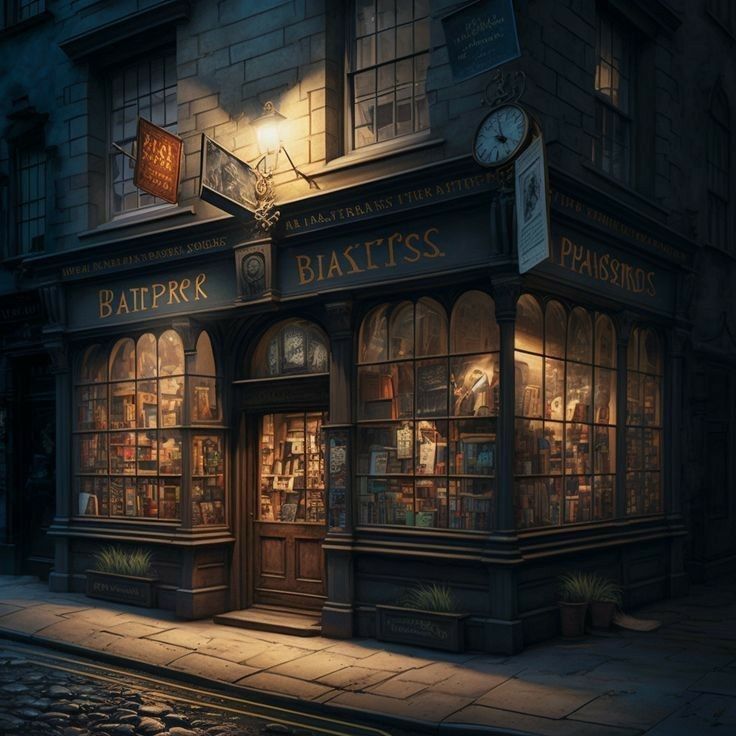 a painting of a store front at night with the lights on and windows lit up