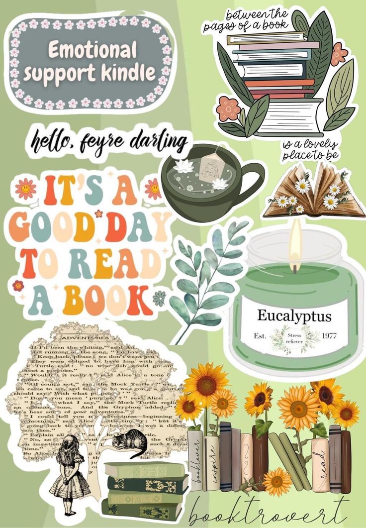 an assortment of stickers that include books and flowers