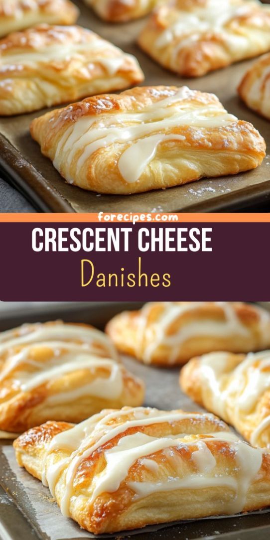 cheese danish pastries on a baking sheet with text overlay that reads crescent cheese danishes