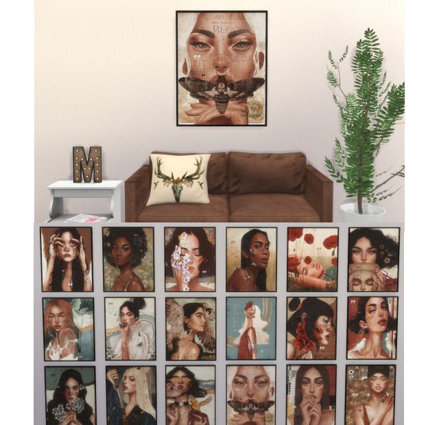 a living room filled with lots of pictures on the wall next to a brown couch