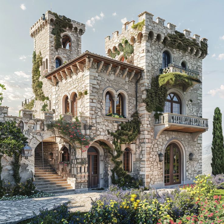 an artist's rendering of a castle with flowers growing on the balcony and balconies