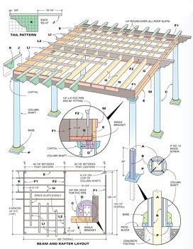 an image of a wooden structure with plans and details for it, including the roof