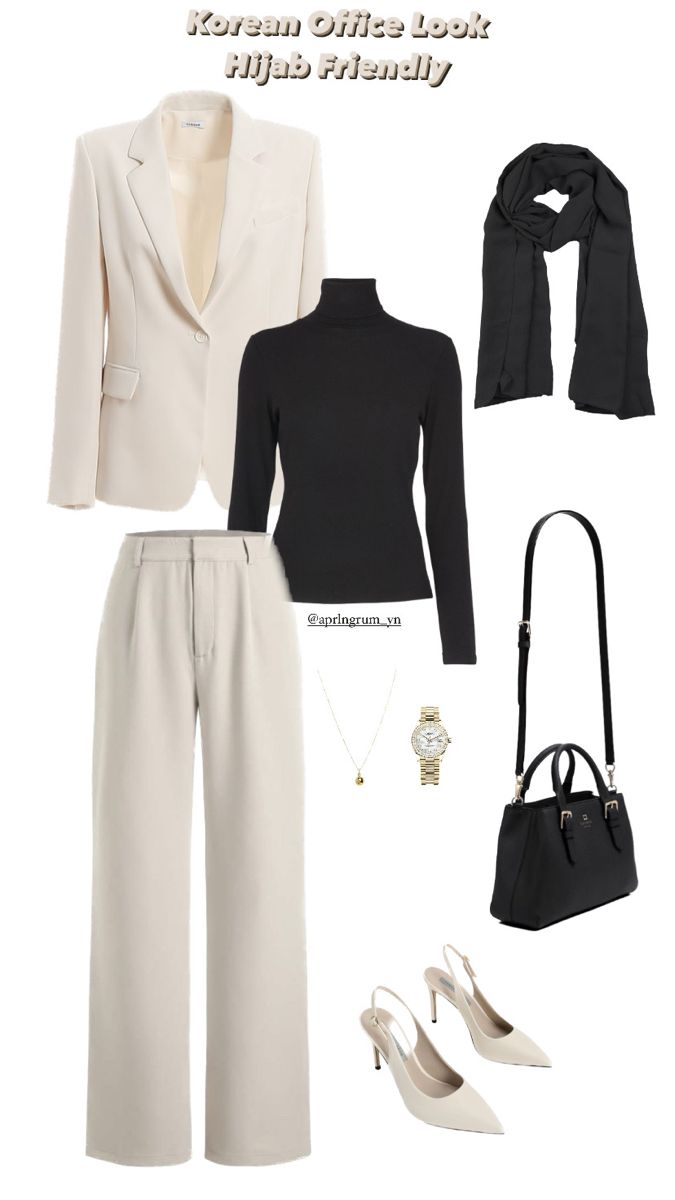 Outfit kantor ala korea bisa hijab juga Cream Heels Outfit, Korean Office Look, Cream Outfit Hijab, Cream Hijab, Cream Blazer Outfit, Blazer Outfits Women, Outfit Hijab Ideas, Cream Colored Heels, Clean Outfit