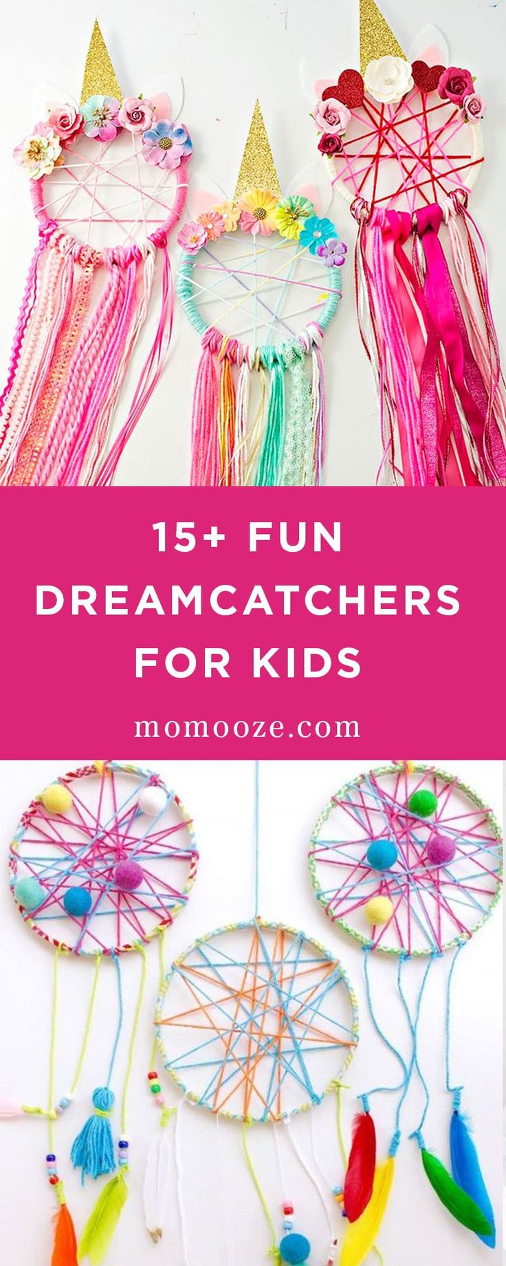 three colorful dream catchers with text overlay that reads 15 fun dream catchers for kids