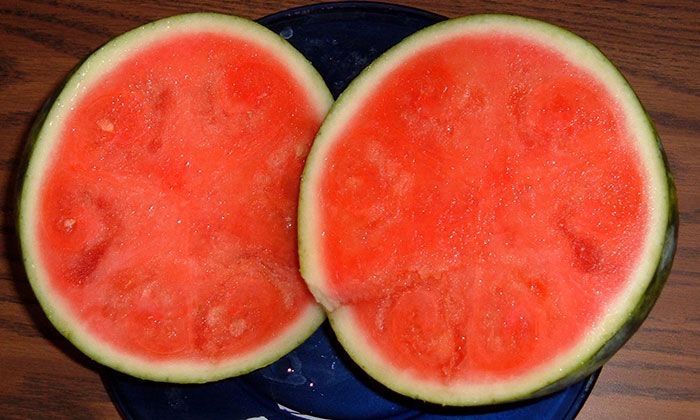 two slices of watermelon sitting on top of a blue plate next to each other