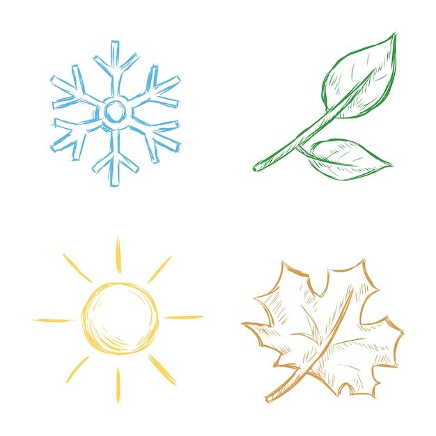 four different types of leaves and snowflakes on a white background, each with a single leaf in the center