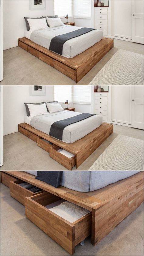 the bed frame is made out of wood and has drawers underneath it for extra storage