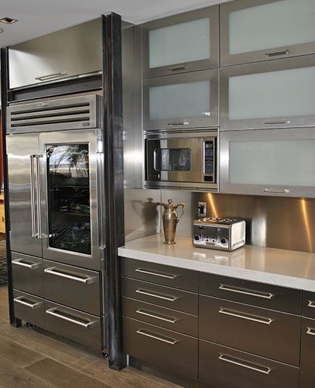 a kitchen with stainless steel appliances and cabinets