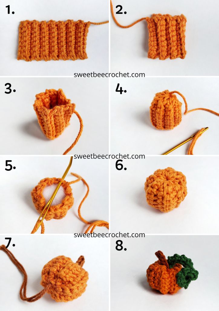 instructions to crochet an apple ornament for the fall and winter holidays