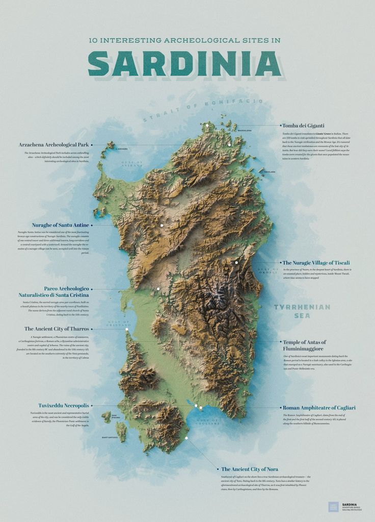 an illustrated map of the region of sardinia, with its major cities and rivers