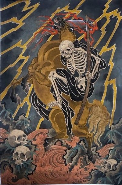 an image of a skeleton holding a sceptacle in the air with lightning behind it