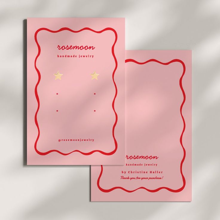 two pink cards with gold stars on them and the words,'blossom'written in red